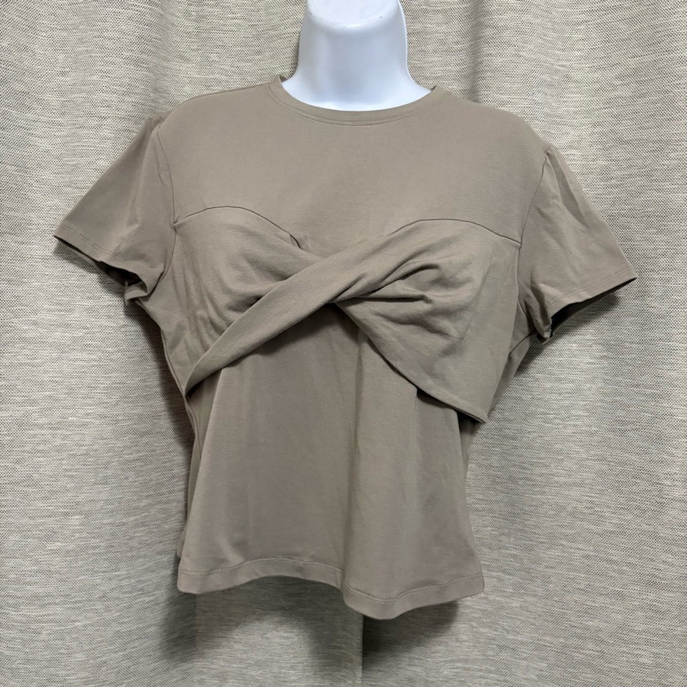 Dynamite Beige Twist-Front Short Sleeve Tee